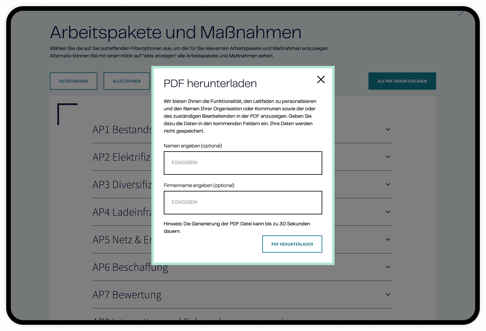 Zusammengestellte Maßnahmen lassen sich als eigenes PDF exportieren und teilen.