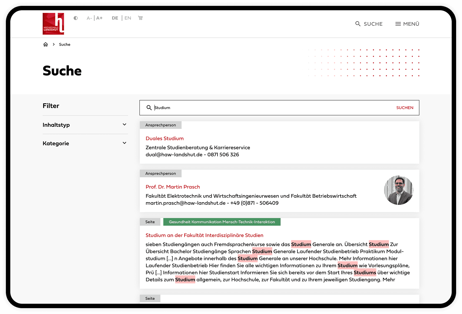 Facettierte Suche mit Auto-Suggest, Ergebnisse per Deep-Link direkt teilbar.