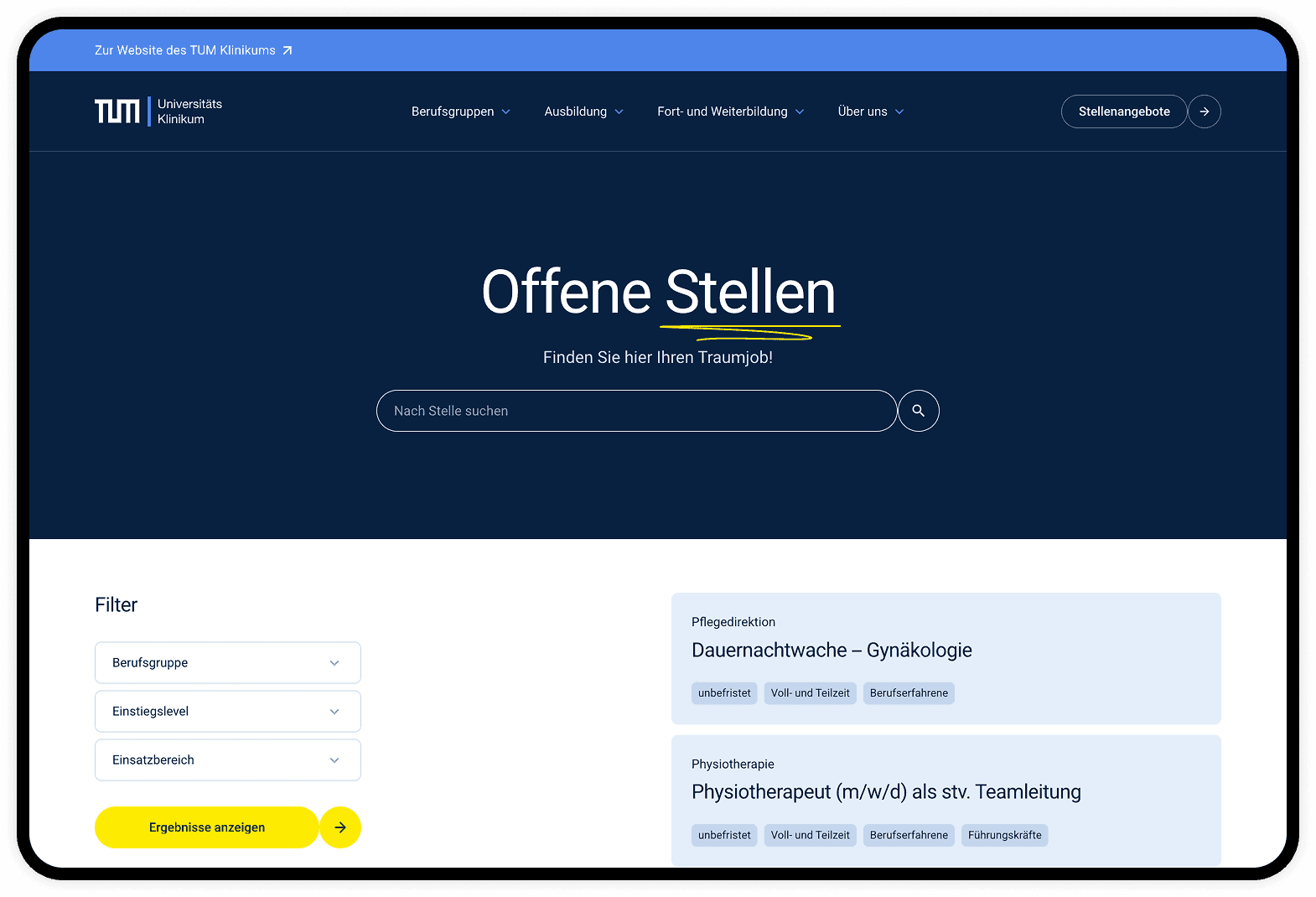 Stellenübersicht, Detailseiten & Bewerbungsformular nahtlos an externes Jobsystem angebunden (Caching, Server+Client-Rendering).